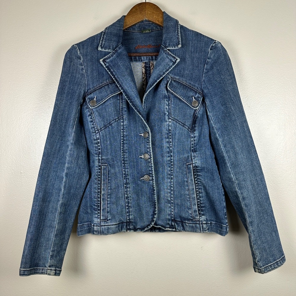 Eddie Bauer Women's XS Denim Blazer Blue Button Front Stretch Jacket Fal 07